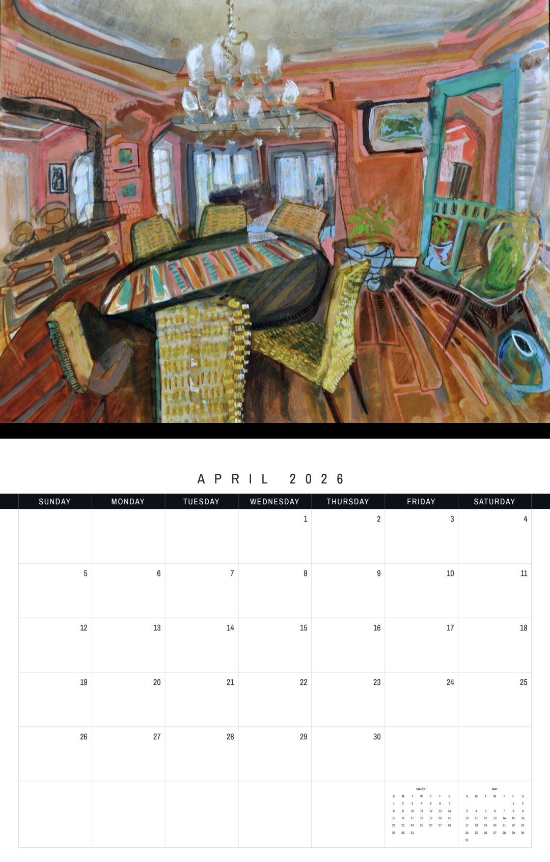 April 2026 calendar with a painting of a dining room.