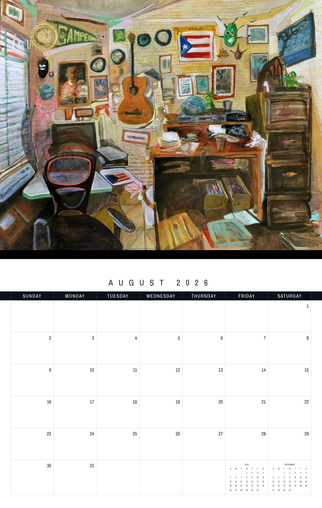 Calendar page for August 2026 with a detailed illustration of a room filled with various items.