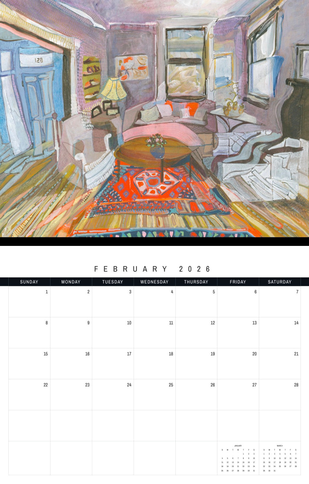Calendar page for February 2026 with a painting of a living room.
