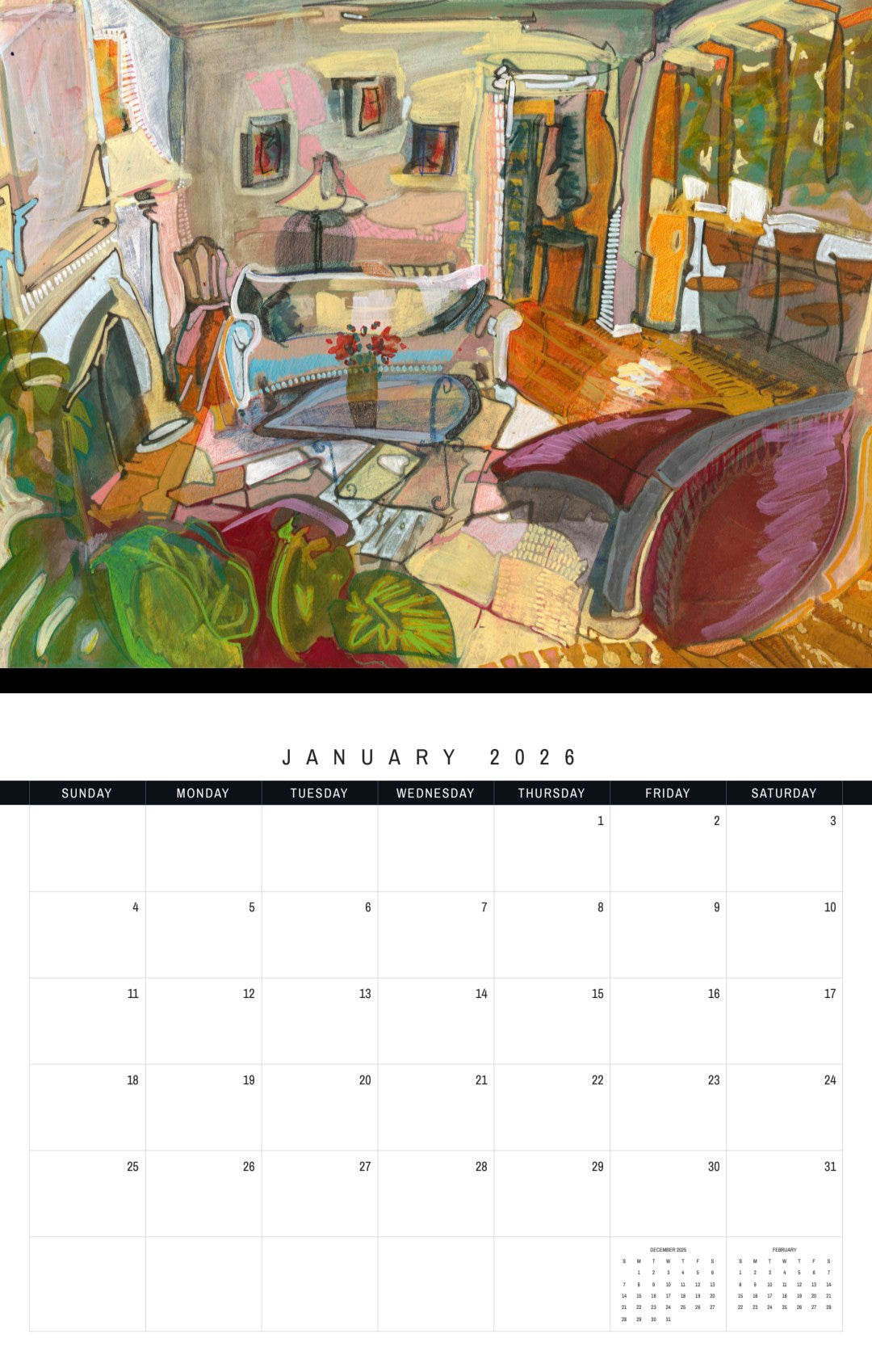Calendar for January 2026 with a colorful painting of a living room with plants