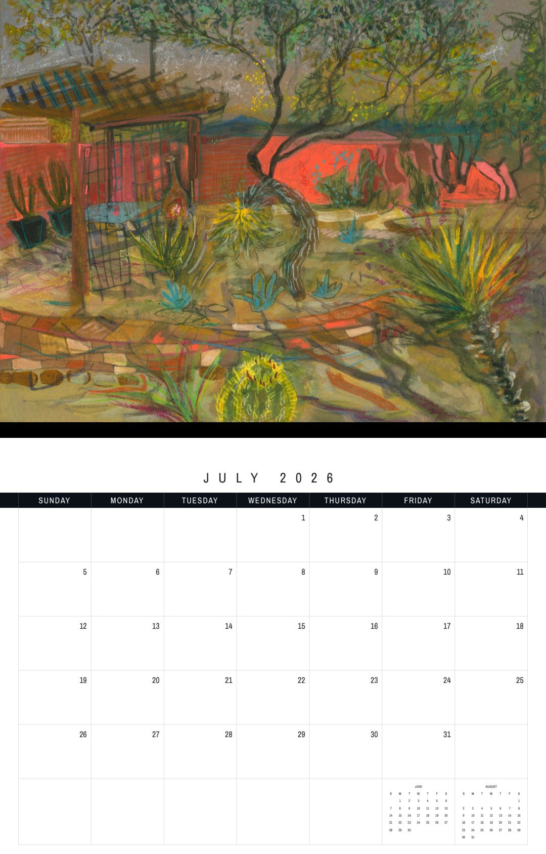 Calendar for July 2026 with a desert landscape painting on the cover