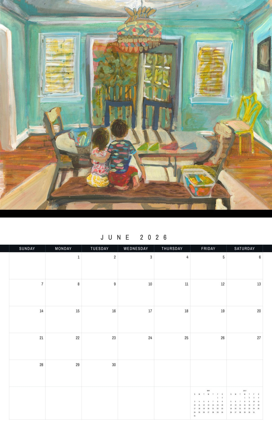 Calendar page for June 2026 with a painting of two children in a room.
