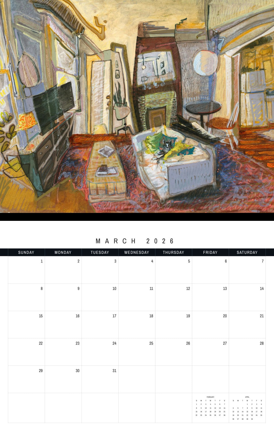 Calendar with a painting of an interior scene for March 2026.