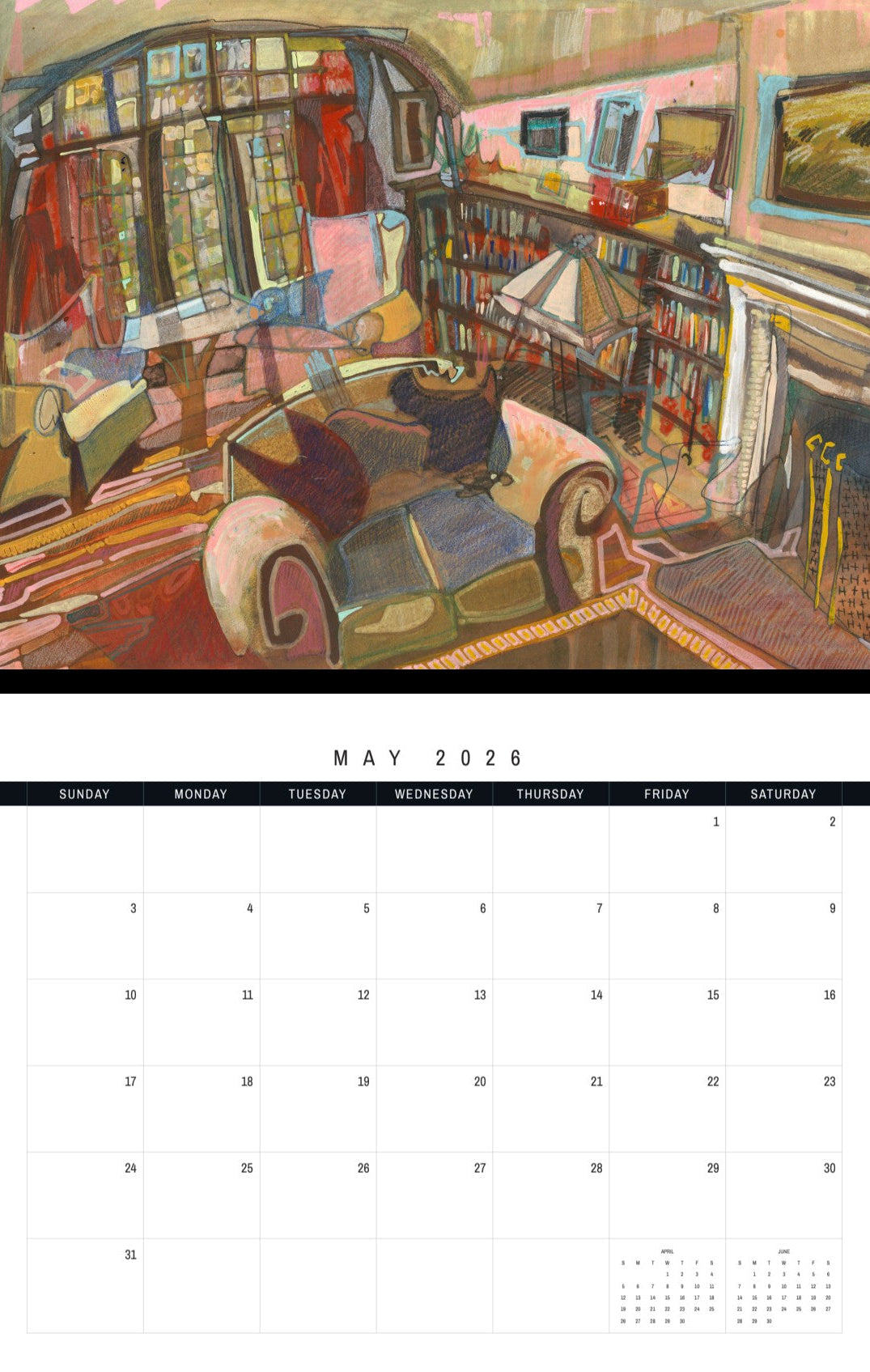 Calendar page for May 2026 with a painting of a cozy living room.
