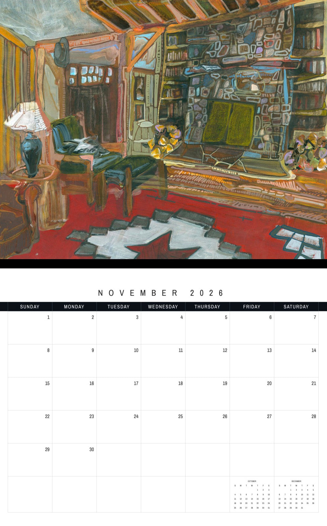 Calendar page for November 2026 6with a painting of a room interior.