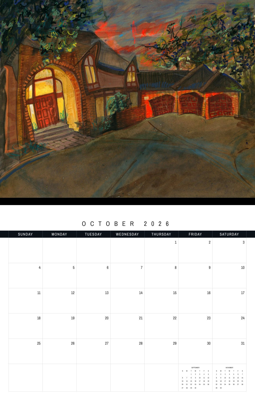 Calendar page for October 2026 with a painting of a house and driveway.