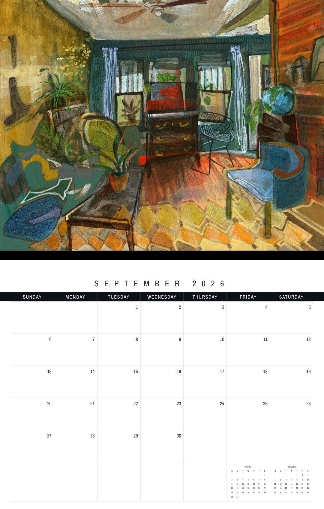 Calendar page for September 2026 with a colorful interior painting.